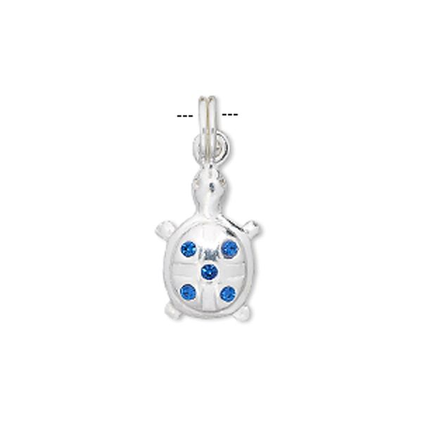 Charm, crystal and sterling silver, blue, 20x12mm turtle. Sold individually. image number 0