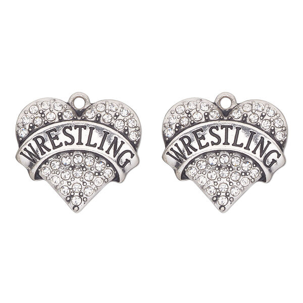 Charm, antique silver-finished "pewter" (zinc-based alloy) and glass, clear, 24x22mm single-sided heart with "wrestling". Sold per pkg of 2. image number 0