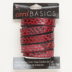 Cord, faux leather, pkg/1m, red and black, 11mm flat with spot design.