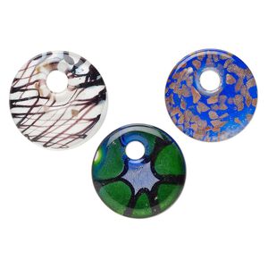 Random focal mix, lampworked glass, opaque mixed colors, 39-44mm go-go with copper-colored glitter and silver-colored foil. Sold per pkg of 3.