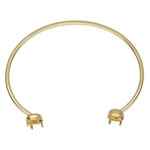 Bracelet, cuff, gold-finished brass, 2mm oval with (2) 7mm round rivoli or chaton mountings, 6-1/2 inches. Sold individually. image number 0