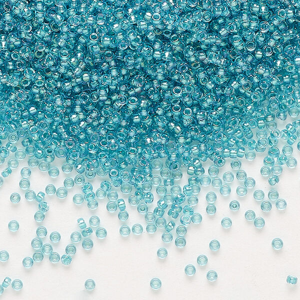 Seed bead, Miyuki, glass, pkg/250g, #15 rocaille, translucent aqua-lined luster crystal clear (RR-1822). image number 0