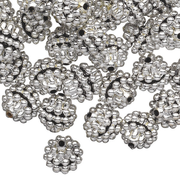 Bead, acrylic, silver color, 10mm round with razzleberry design. Sold per pkg of 100. image number 0