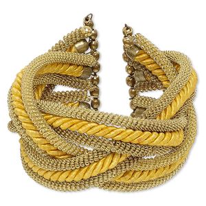 Bracelet, cuff, polyester with gold-finished steel and brass, golden yellow, 42mm wide with braided and coiled wire design, 6-1/2 inch adjustable. Sold individually.