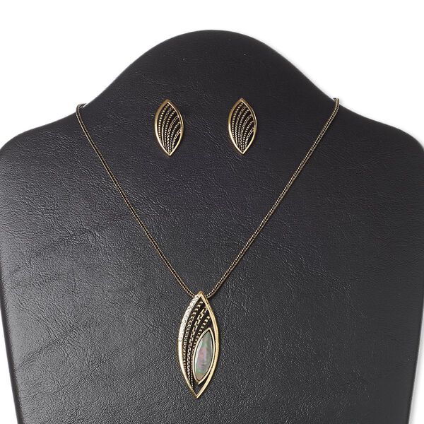 Necklace and earring set, crystals / black lip shell (natural) / antique gold-finished "pewter" (zinc-based alloy) and steel, crystal clear, 53x20mm marquise, 16 inches with 3-inch extender chain and lobster claw clasp, 1-3/8 inch earrings with post. Sold per set. image number 0