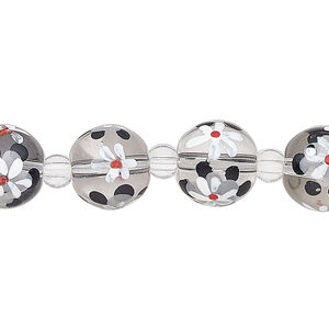 Bead, glass 1pkg8, multicolored, 12mm round with hand-painted flower.