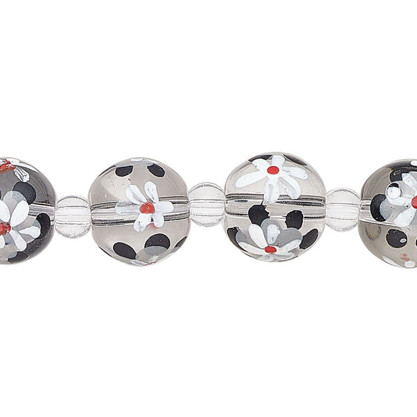 Bead, glass 1pkg8, multicolored, 12mm round with hand-painted flower. image number 0