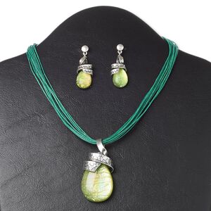 Necklace and earring set, multi-strand, resin / waxed cotton cord / antique silver-plated "pewter" (zinc-based alloy) and steel, green, 57x28mm teardrop, 16 inches with 3-inch extender chain and lobster claw clasp, 1-5/8 inch earrings with post. Sold per set.