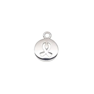 Drop, imitation rhodium-plated "pewter" (zinc-based alloy), 11mm single-sided round with cutout awareness ribbon. Sold individually.