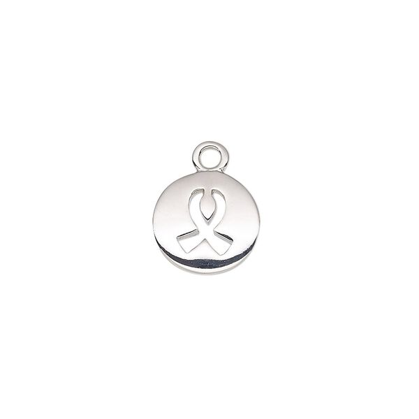Drop, imitation rhodium-plated "pewter" (zinc-based alloy), 11mm single-sided round with cutout awareness ribbon. Sold individually. image number 0