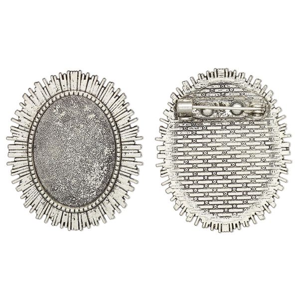 Brooch back, glue-in, antique silver-finished "pewter" (zinc-based alloy), 35.5x29.5mm single-sided oval with textured edge with 25x18mm oval setting. Sold per pkg of 2. image number 0