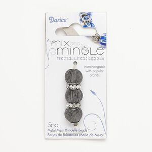 Bead, glass rhinestone with gunmetal-finished steel and "pewter" (zinc-based alloy), clear, 12x4mm rondelle and 14x11mm-14x13mm mesh rondelle, 5mm hole. Sold per pkg of 5.