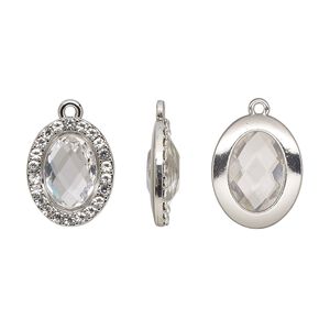 Drop, glass / glass rhinestone / imitation rhodium-finished "pewter" (zinc-based alloy), transparent clear, 19x15.5mm single-sided oval. Sold per pkg of 2.