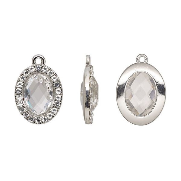 Drop, glass / glass rhinestone / imitation rhodium-finished "pewter" (zinc-based alloy), transparent clear, 19x15.5mm single-sided oval. Sold per pkg of 2. image number 0