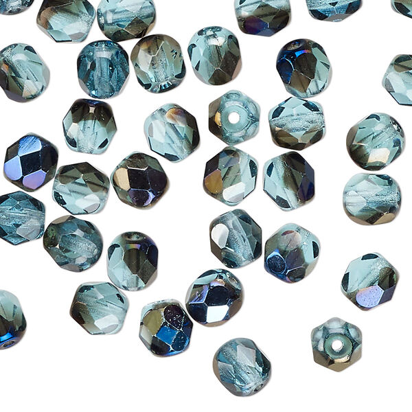 Czech fire-polished glass 1pkg60, faceted round bead half-coated mixed opacity blue iris teal 6mm image number 0