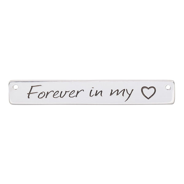 Focal, enamel and sterling silver, black, 40x6mm single-sided flat rectangle with "Forever in my heart" and heart design with 2 holes. Sold individually. image number 0