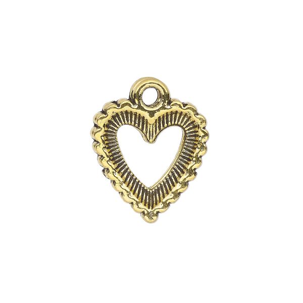 Charm, antique gold-finished "pewter" (zinc-based alloy), 15x14mm single-sided open beaded heart. Sold per pkg of 20. image number 0