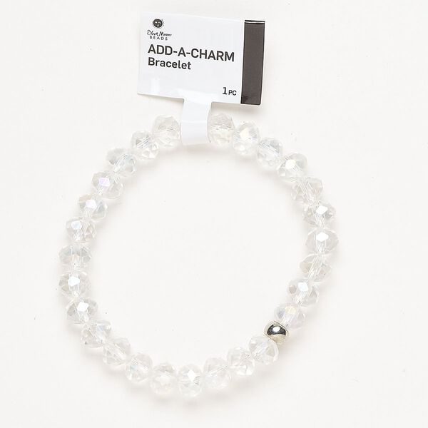 Bracelet, stretch, silver-finished brass and glass, clear AB, 8mm faceted rondelle and 5x6mm rondelle with bottom loop, 6-1/2 inches. Sold individually. image number 0