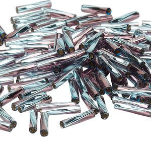 Bead, Miyuki, bugle bead, glass, pkg/250 g, 12x2.7mm center-drilled twisted, silver-lined translucent aquamarine blue/plum (TW-3938).