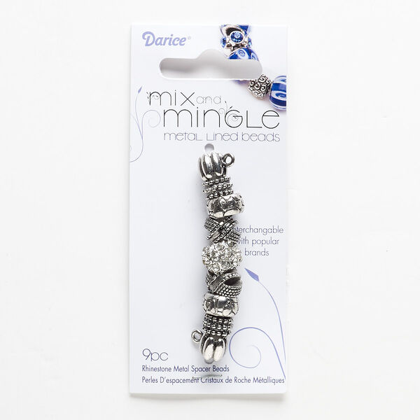 Bead, glass rhinestone and antiqued silver-finished "pewter" (zinc-based alloy), clear, 9x8mm-12x9mm assorted rondelle, 4.5-7mm hole. Sold per pkg of 9. image number 0