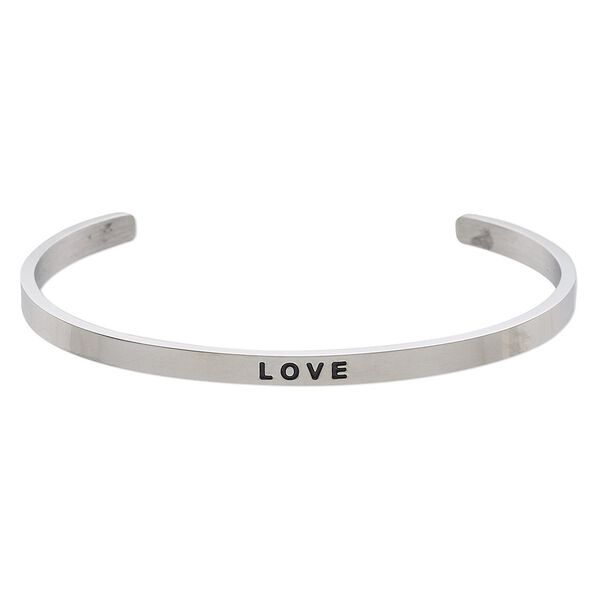 Bracelet, Everyday Jewelry, cuff, stainless steel, 4mm wide with "LOVE," 8 inches. Sold individually. image number 0