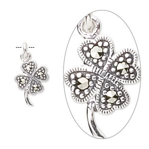 Marcasite / sterling silver 1pkg1, 4-leaf clover charm natural 14x10mm
