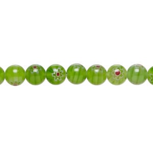 Bead, millefiori glass 1pkg1, translucent green / multicolored / red, 6mm round, 15 inches.