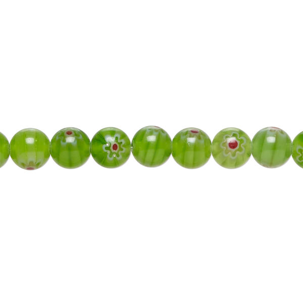 Bead, millefiori glass 1pkg1, translucent green / multicolored / red, 6mm round, 15 inches. image number 0