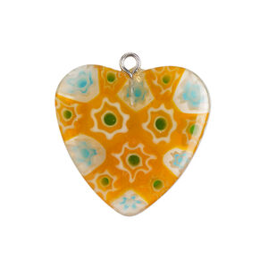 Component 1pkg1, silver-finished steel / millefiori glass, translucent orange / multicolored, 24-25mm puffed heart.