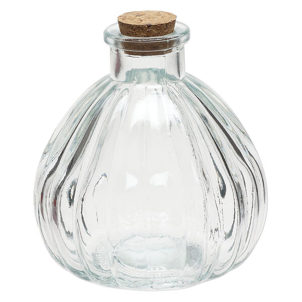 Bottle, glass and cork, clear, 3-3/4x3-1/2 inch fluted with cork stopper and 3/4-inch opening. Sold individually. image number 1