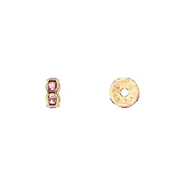 Bead, glass rhinestone and gold-finished brass, rose, 7x3.5mm rondelle. Sold per pkg of 10. image number 0