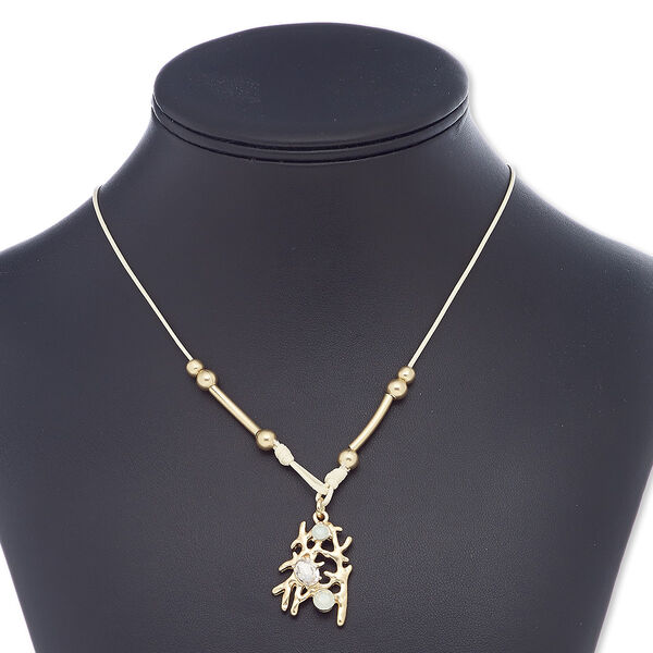 Necklace, glass rhinestone / waxed cotton cord / gold-coated plastic / gold-finished brass / steel / "pewter" (zinc-based alloy), white / clear / opal, 33x20mm freeform, 18 inches with 2-inch extender chain and lobster claw clasp. Sold individually. image number 0