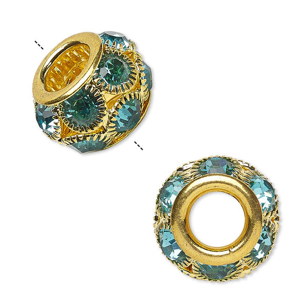 Bead, Egyptian glass rhinestone and gold-finished "pewter" (zinc-based alloy), topaz blue, 18x12mm rondelle with 8mm hole. Sold individually. image number 0