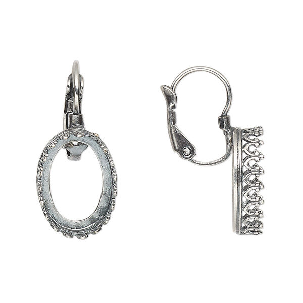 Ear wire, JBB Findings, antique silver-plated brass, 25mm leverback with open back and 14x10mm oval bezel setting. Sold per pair. image number 0