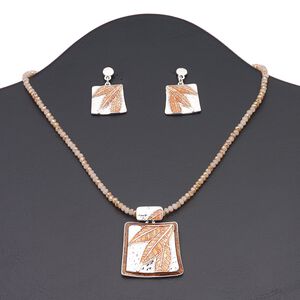 Necklace and earring set, glass / enamel / silver-finished brass / steel / "pewter" (zinc-based alloy), champagne AB / brown / rust, 35x32mm rectangle with leaf design, 16 inches with 3-inch extender chain and lobster claw clasp, 32mm with leaf design and post. Sold per set.