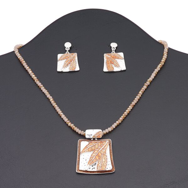 Necklace and earring set, glass / enamel / silver-finished brass / steel / "pewter" (zinc-based alloy), champagne AB / brown / rust, 35x32mm rectangle with leaf design, 16 inches with 3-inch extender chain and lobster claw clasp, 32mm with leaf design and post. Sold per set. image number 0