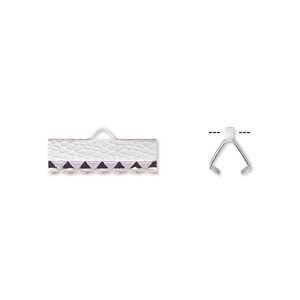Ribbon crimp end, silver-plated brass, 16x5mm hammered rectangle. Sold per pkg of 10.