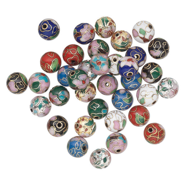 Bead mix, cloisonné, enamel with gold-finished and silver-plated copper, multicolored, 10mm round with flower and leaves. Sold per pkg of 36. image number 0
