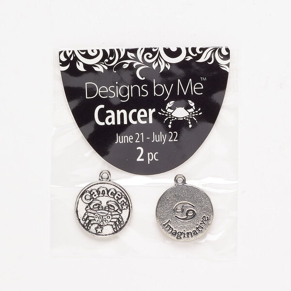 "Pewter" (zinc-based alloy) / enamel 1pkg2, 2-sided round charm / Cancer / "Imaginative" antique silver-finish / black 17mm image number 0
