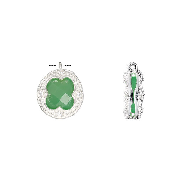 Drop, chalcedony (dyed) / cubic zirconia / sterling silver, clear and sea green, 12mm two-sided faceted round. Sold individually. image number 0