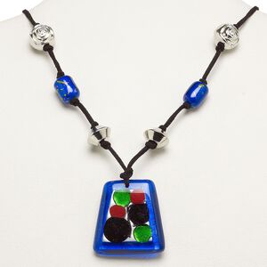 Necklace, glass and plastic, multicolored, 43x41mm trapezoid pendant with mixed bead accents, 21-inch velveteen cord with 2-inch steel extender chain and lobster claw clasp. Sold individually.