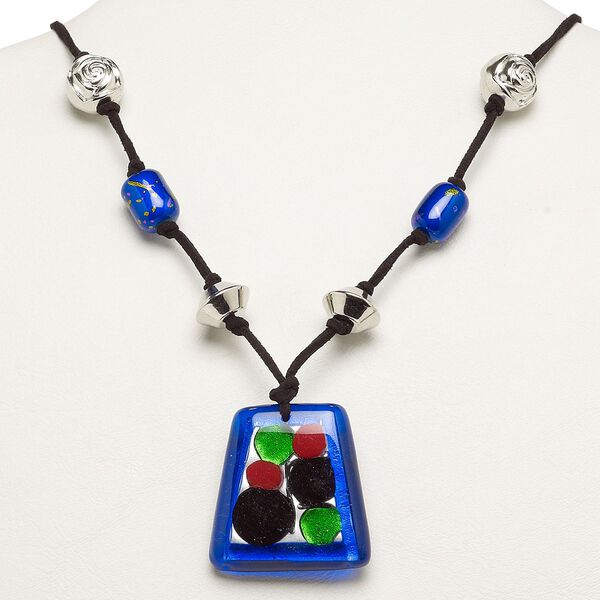 Necklace, glass and plastic, multicolored, 43x41mm trapezoid pendant with mixed bead accents, 21-inch velveteen cord with 2-inch steel extender chain and lobster claw clasp. Sold individually. image number 0