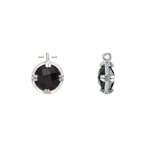 Drop, black onyx (dyed) and sterling silver, 10mm double-sided faceted round. Sold individually. image number 0