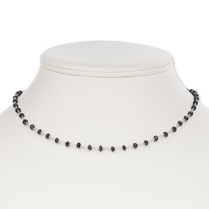 Necklace, glass and silver-finished brass, black, 4x3mm-5x4mm hand-cut faceted rondelle, 17 inches with S-hook clasp. Sold individually.
