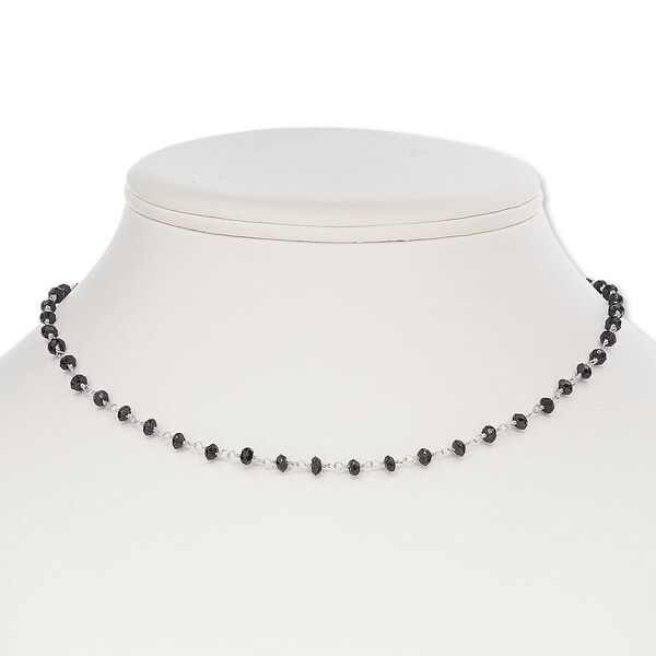 Necklace, glass and silver-finished brass, black, 4x3mm-5x4mm hand-cut faceted rondelle, 17 inches with S-hook clasp. Sold individually. image number 0