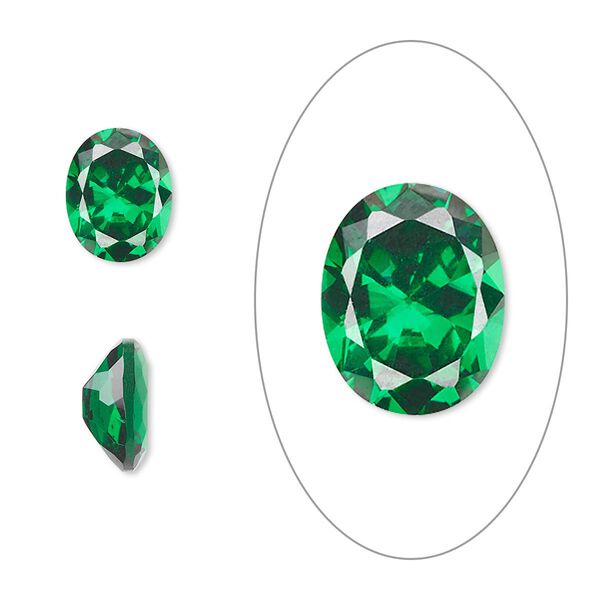 Gem, cubic zirconia, emerald green, 10x8mm faceted oval, Mohs hardness 8-1/2. Sold individually. image number 0