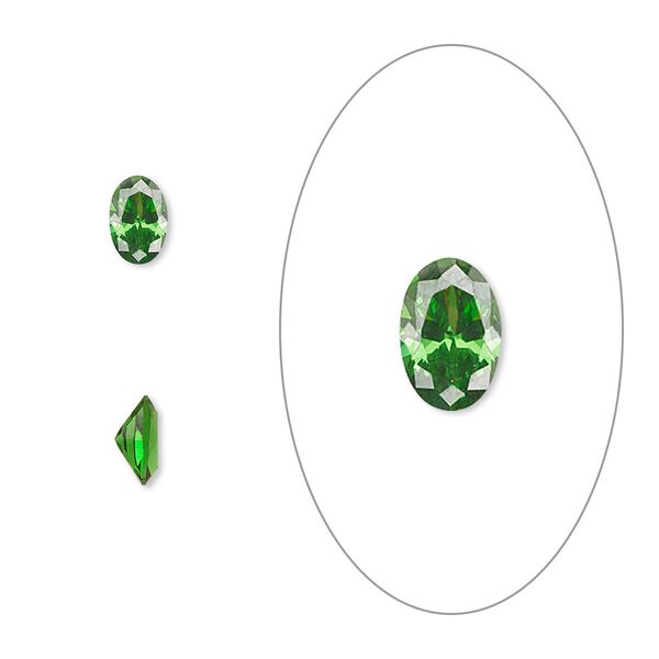 Gem, cubic zirconia, emerald green, 6x4mm faceted oval, Mohs hardness 8-1/2. Sold per pkg of 2. image number 0