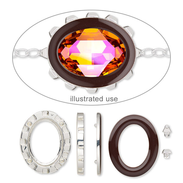 Mount, Miracle Mount™, enamel and silver-finished "pewter" (zinc-based alloy), brown, 39x32mm oval with 30x22mm oval setting. Sold per 18-piece set. image number 0