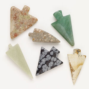 Multi-gemstone 1pkg6, half-drilled puffed / flat arrowhead focal mix 32x20mm-45x30mm