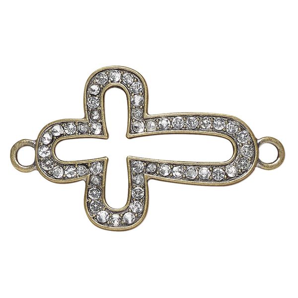 Focal, glass and antique brass-finished "pewter" (zinc-based alloy), clear, 38x28mm cross. Sold individually. image number 0
